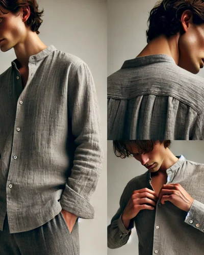 DALL·E 2024-09-26 10.55.15 - A model wearing a grey linen shirt in different angles and poses. In one angle, the model faces forward with the shirt's collar and button details cle